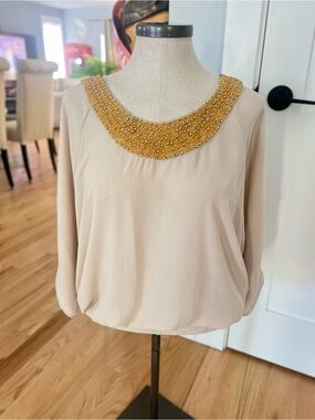 XOXO Cream Blouse with Gold Beaded Collar
